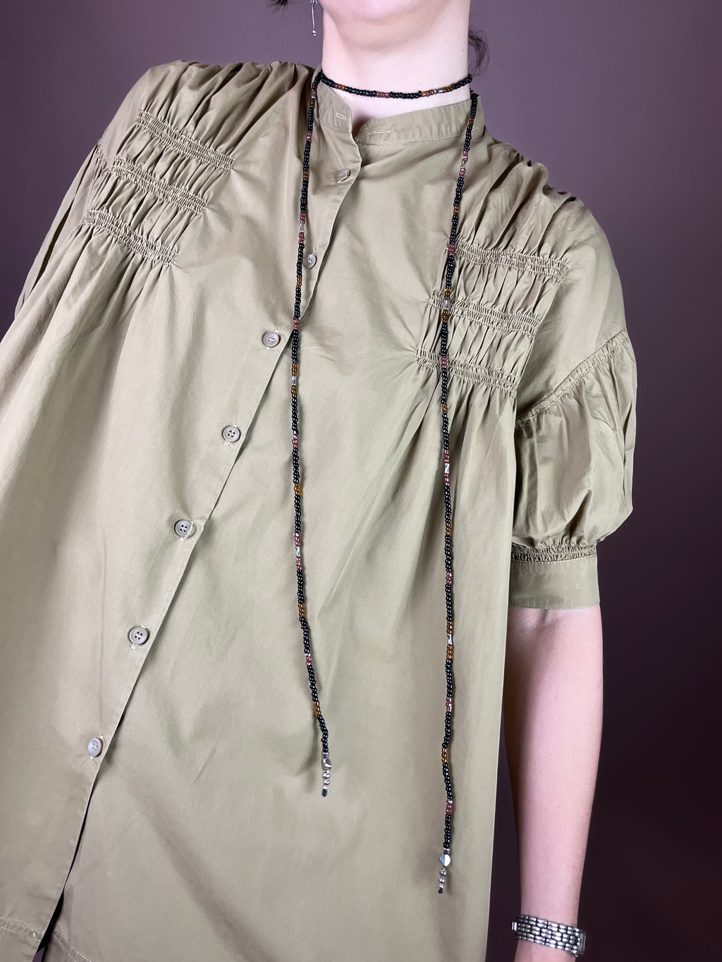 Bluse Khaki Kurzarm Raffung Gr. 36