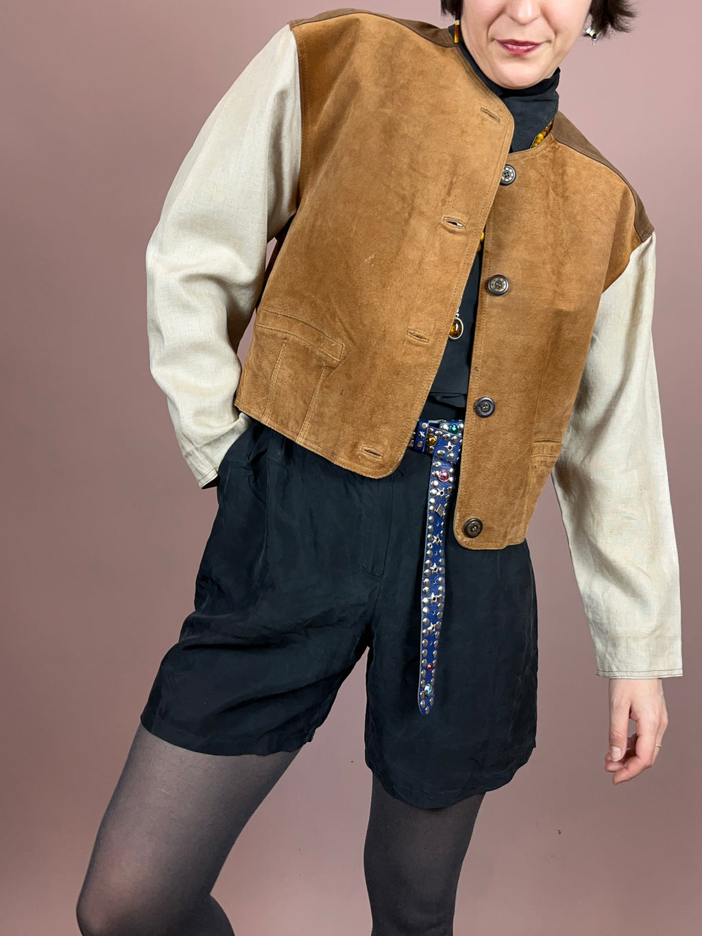 Lederjacke Crop Leinenärmel Gr. 40/42
