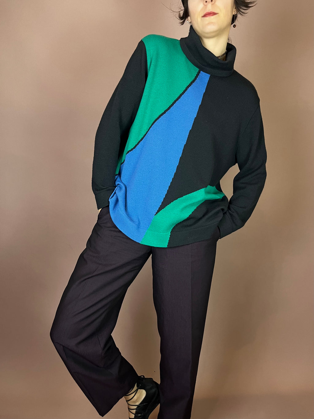 Pullover Rollkragen Schwarz Grün Blau Gr. 38/40