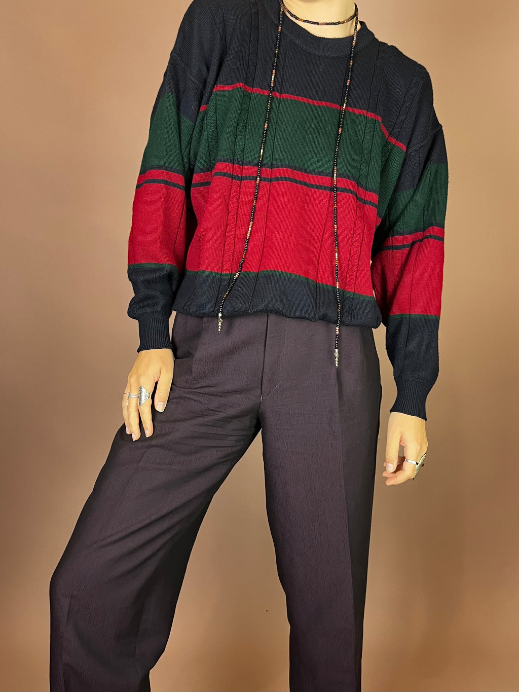 Pullover Strick Zopfmuster Dunkelblau Rot Grün Gr. S