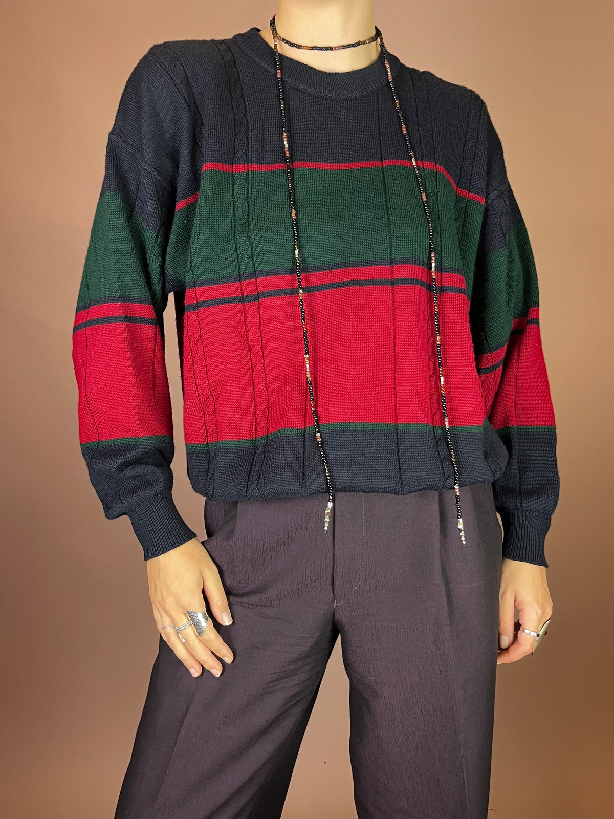 Pullover Strick Zopfmuster Dunkelblau Rot Grün Gr. S