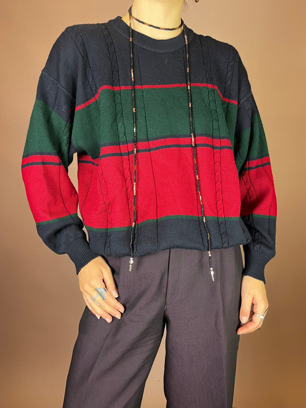Pullover Strick Zopfmuster Dunkelblau Rot Grün Gr. S