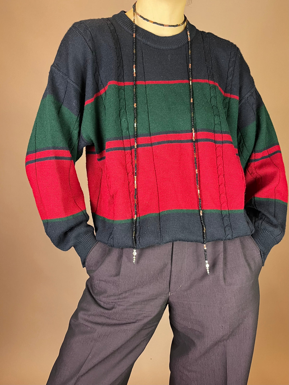 Pullover Strick Zopfmuster Dunkelblau Rot Grün Gr. S