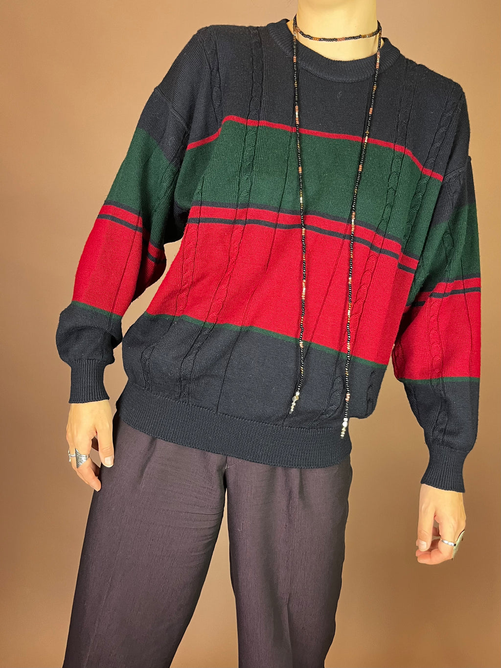 Pullover Strick Zopfmuster Dunkelblau Rot Grün Gr. S
