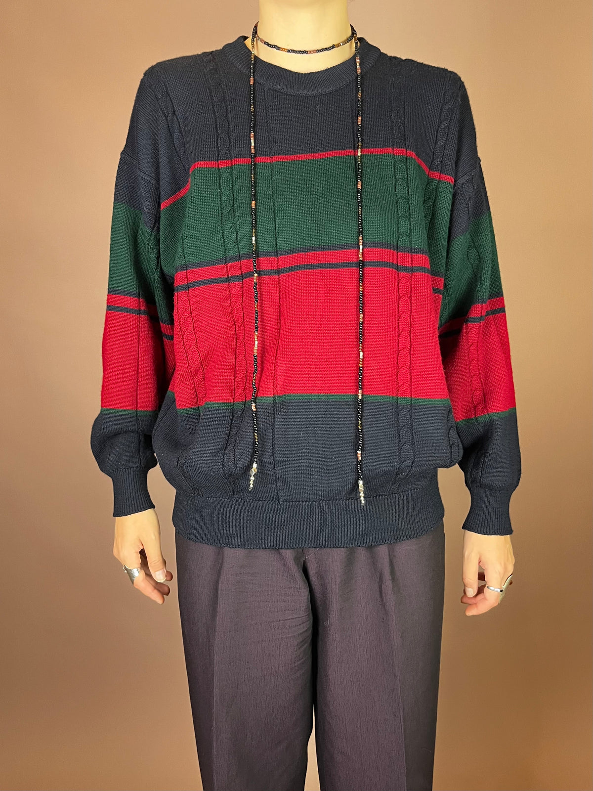 Pullover Strick Zopfmuster Dunkelblau Rot Grün Gr. S
