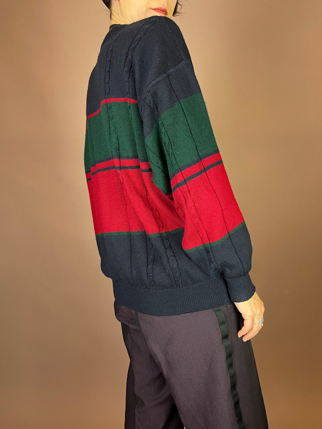 Pullover Strick Zopfmuster Dunkelblau Rot Grün Gr. S