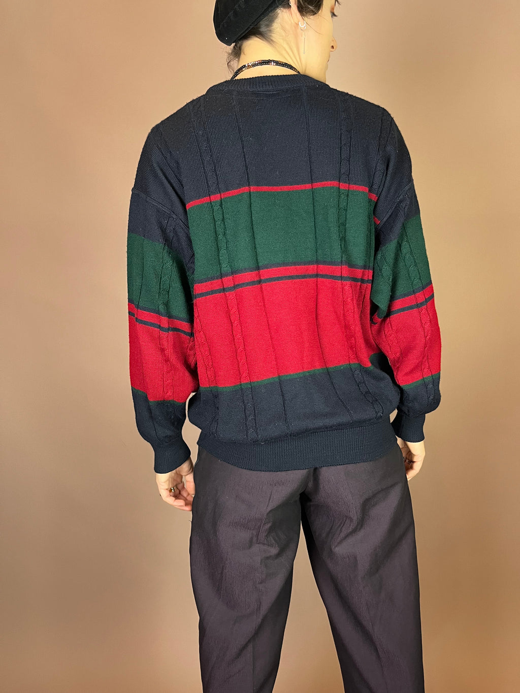 Pullover Strick Zopfmuster Dunkelblau Rot Grün Gr. S