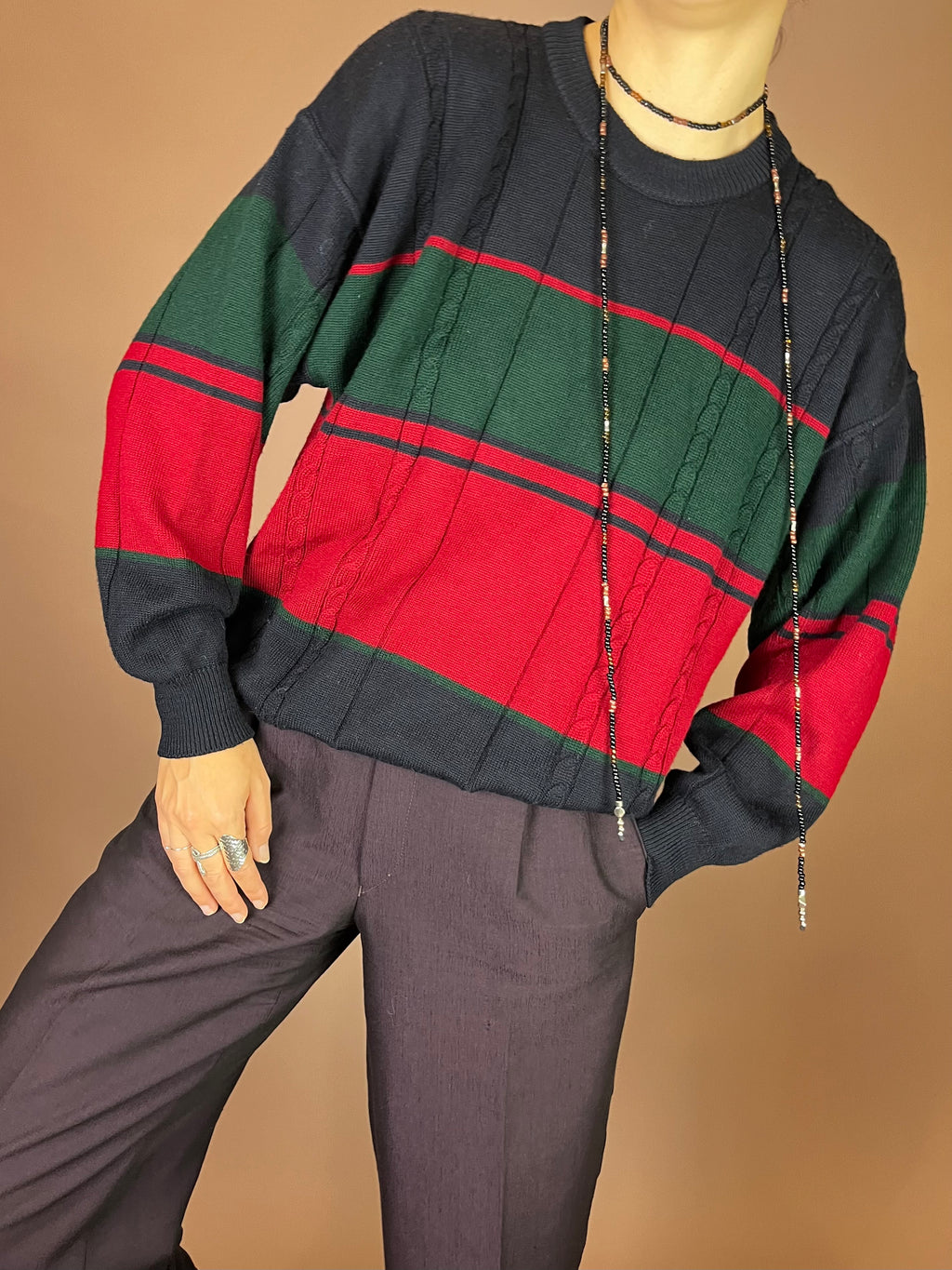 Pullover Strick Zopfmuster Dunkelblau Rot Grün Gr. S
