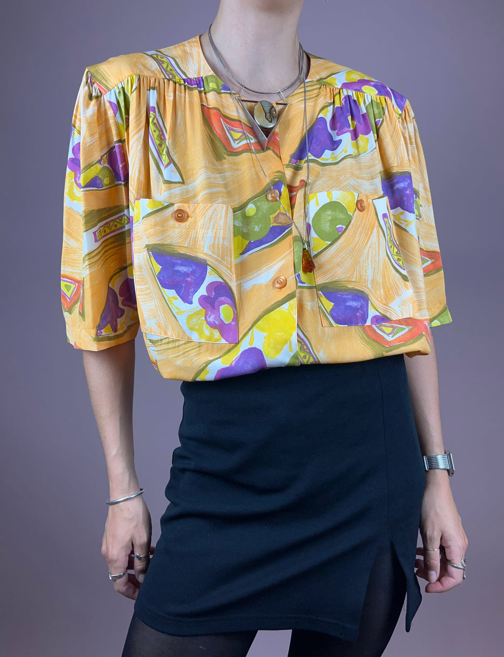 Blouse Yellow Violet Flowers Gr. 44
