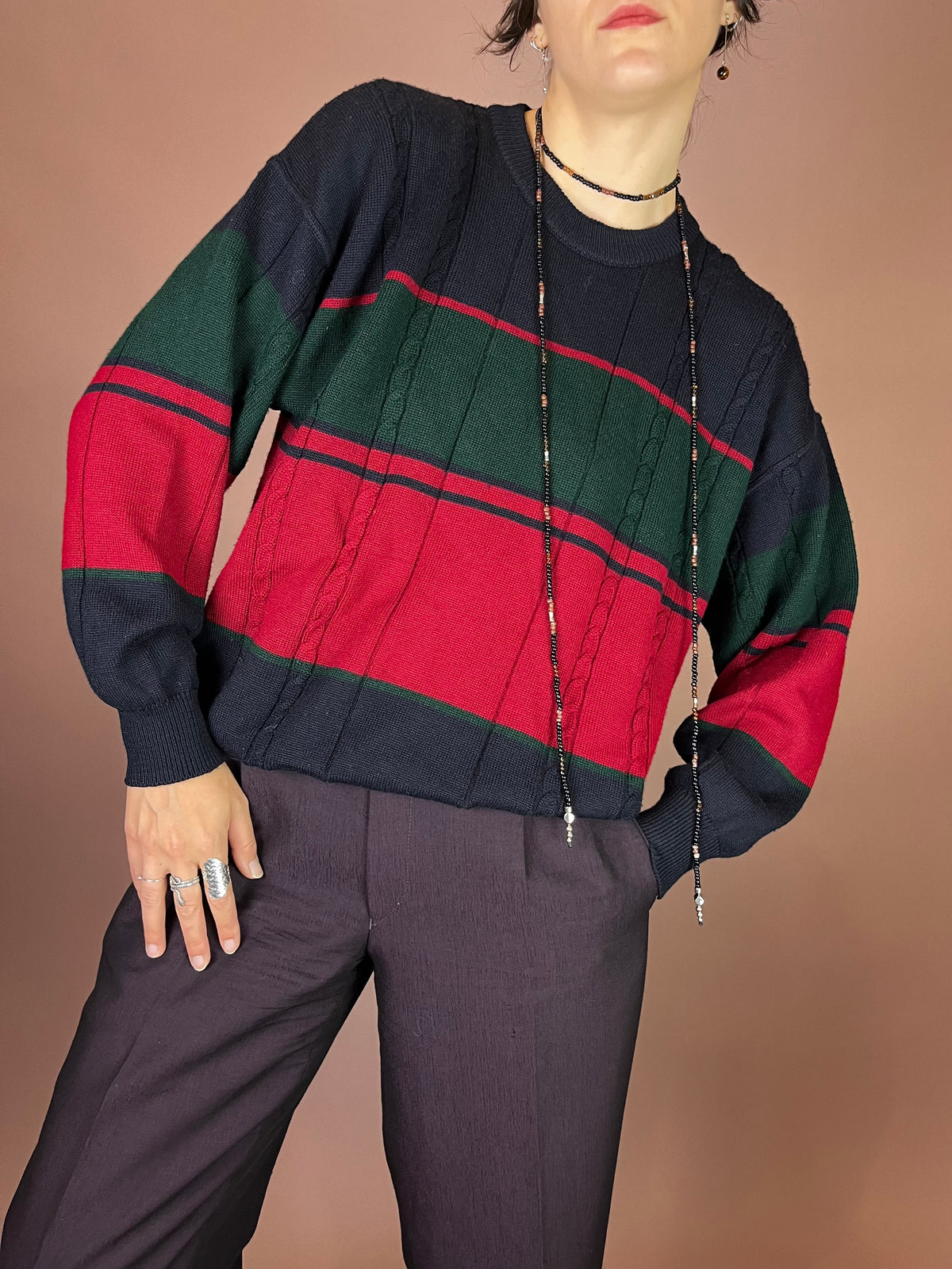 Pullover Strick Zopfmuster Dunkelblau Rot Grün Gr. S