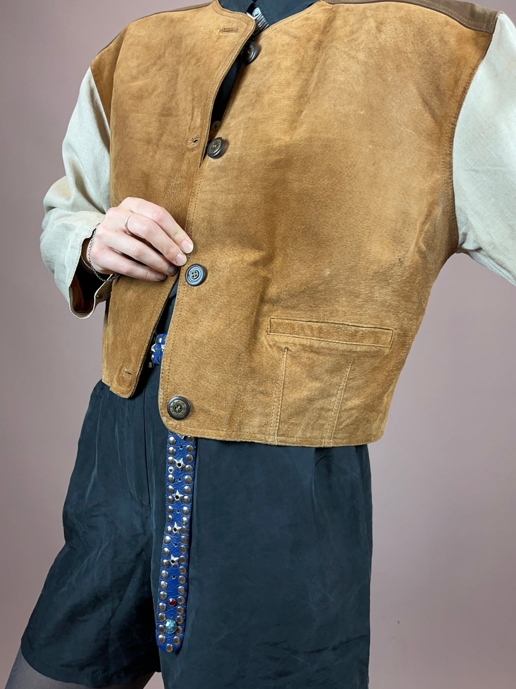 Lederjacke Crop Leinenärmel Gr. 40/42