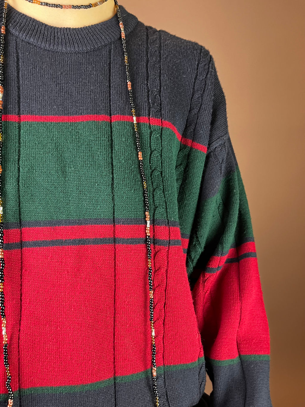 Pullover Strick Zopfmuster Dunkelblau Rot Grün Gr. S