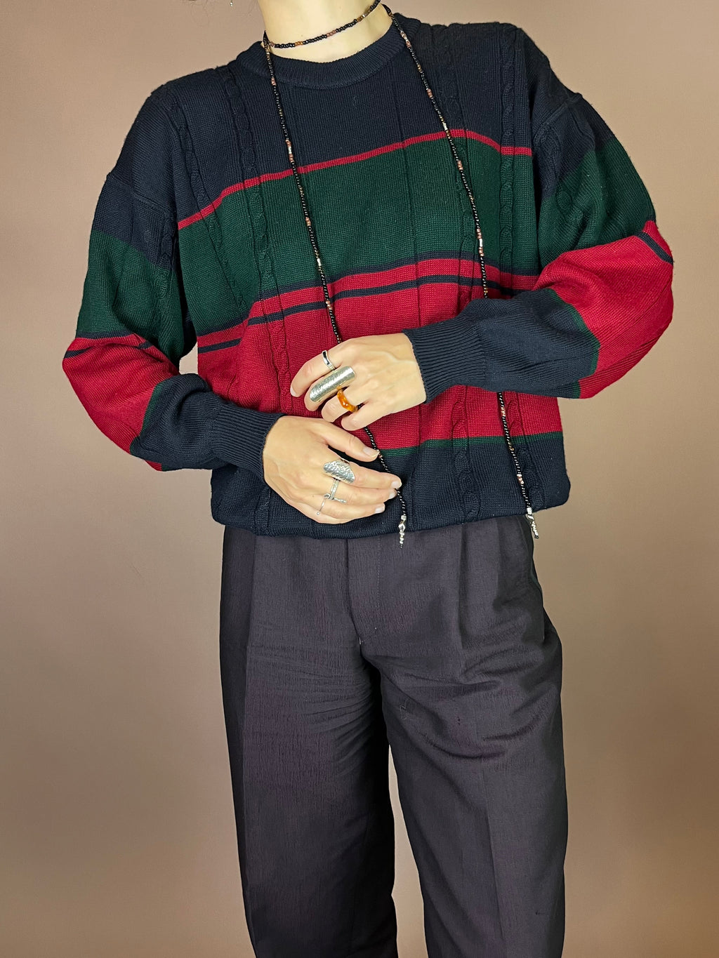 Pullover Strick Zopfmuster Dunkelblau Rot Grün Gr. S