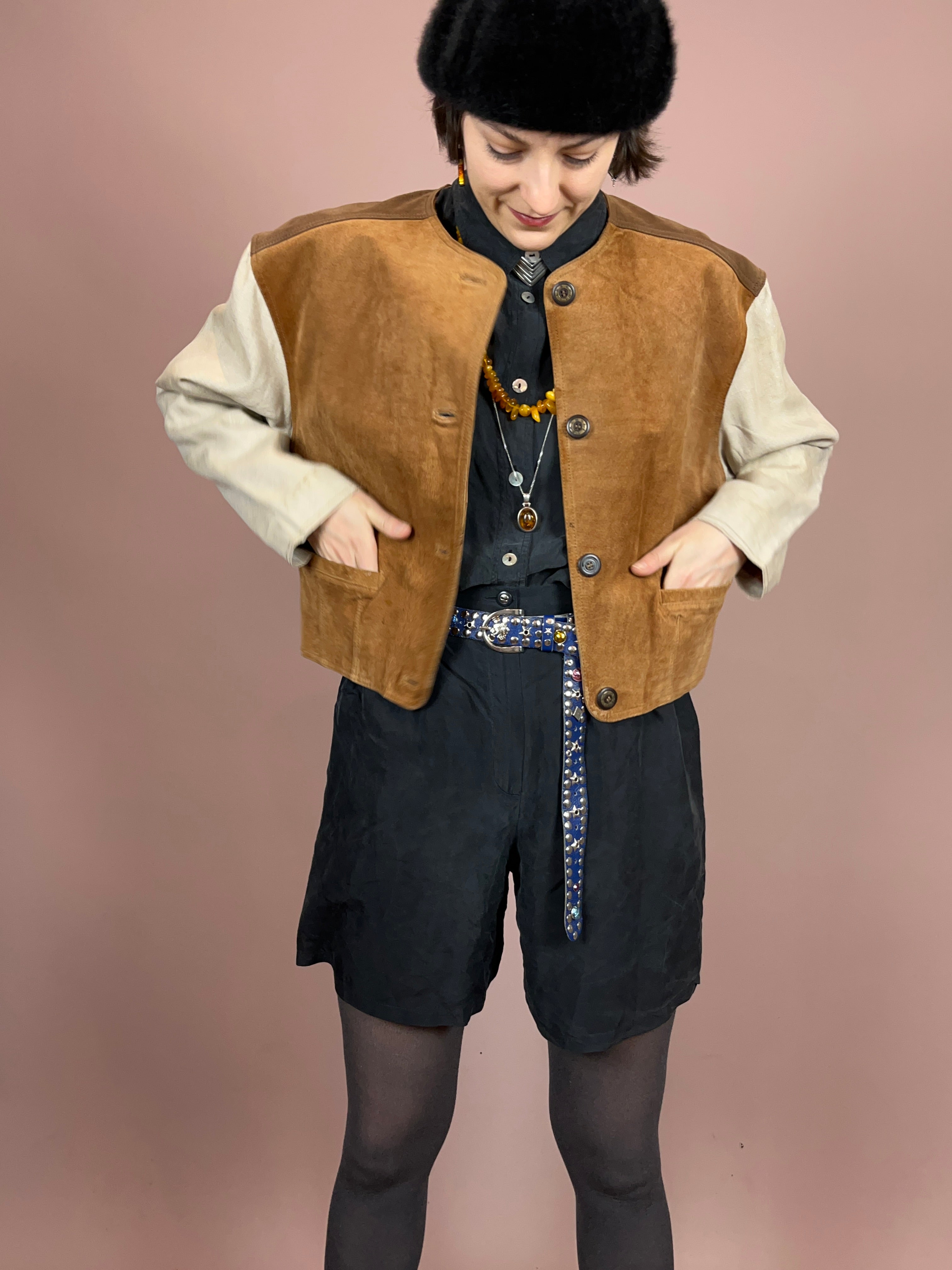 Lederjacke Crop Leinenärmel Gr. 40/42