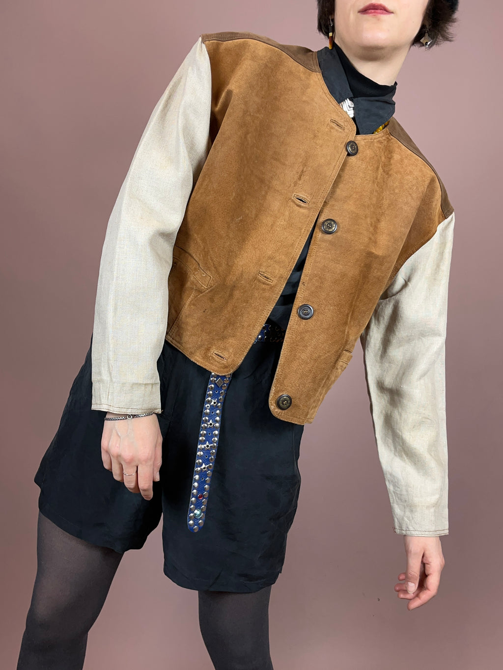 Lederjacke Crop Leinenärmel Gr. 40/42