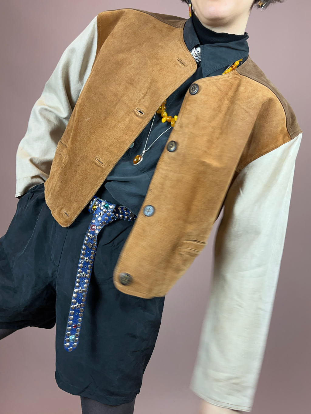 Lederjacke Crop Leinenärmel Gr. 40/42