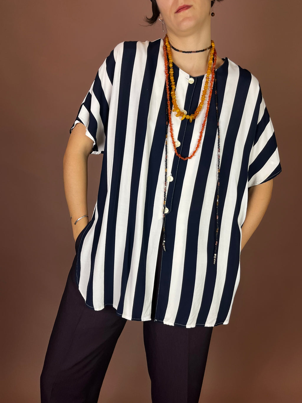 Bluse Blockstreifen Weiß Dunkelblau Maritim Gr. 42/44