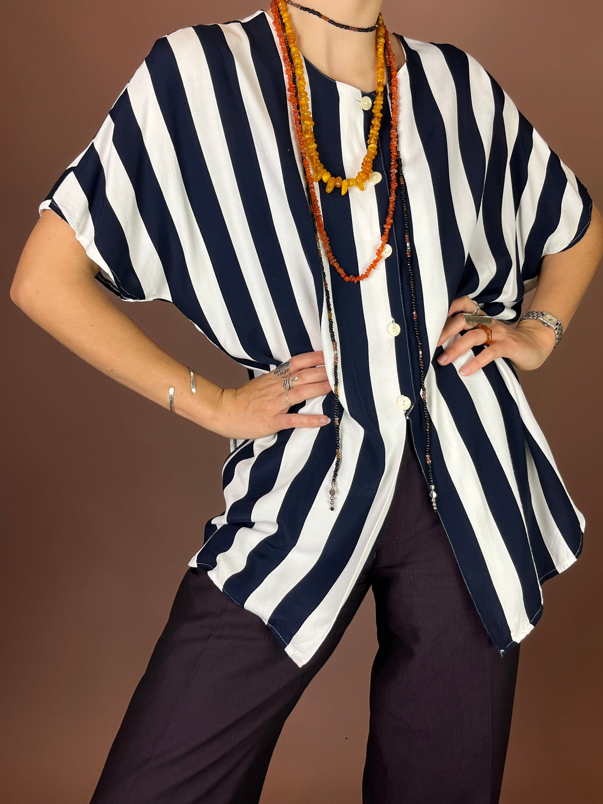 Bluse Blockstreifen Weiß Dunkelblau Maritim Gr. 42/44