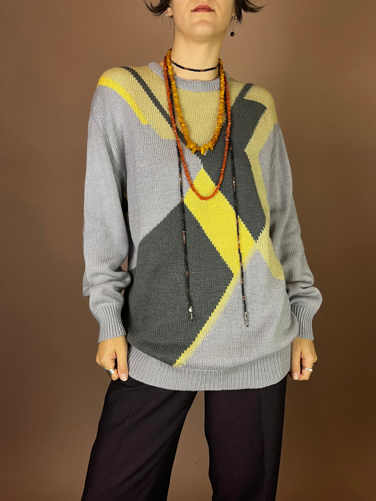 Pullover Grau Gelb Grafisch Gr. S
