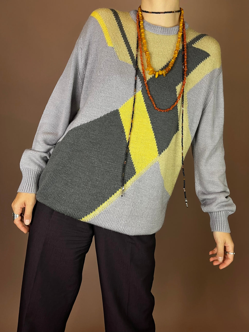 Pullover Grau Gelb Grafisch Gr. S