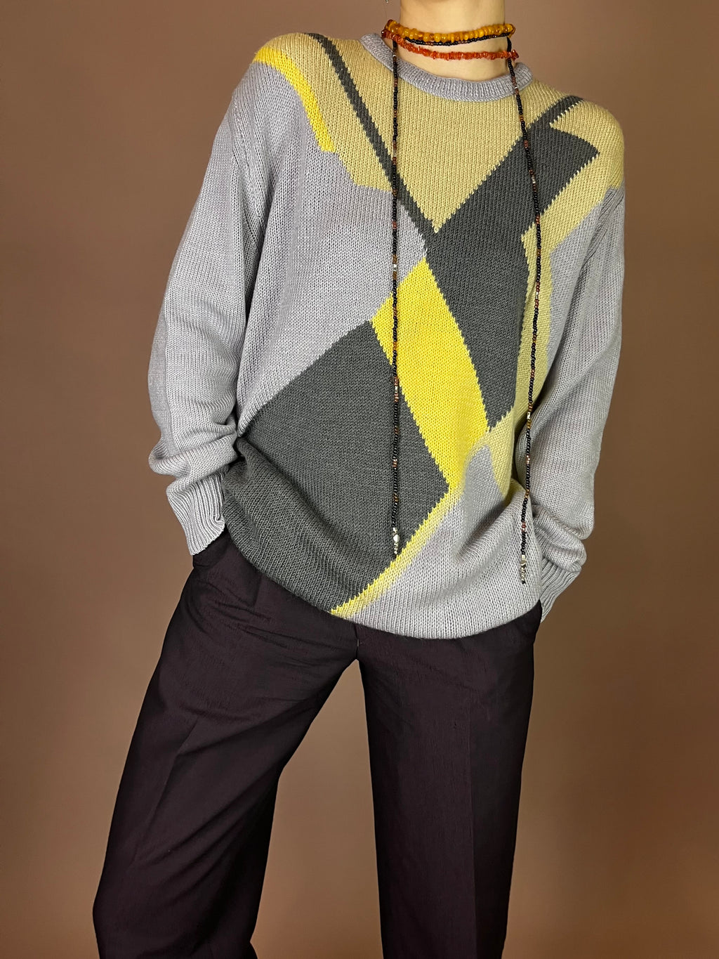 Pullover Grau Gelb Grafisch Gr. S