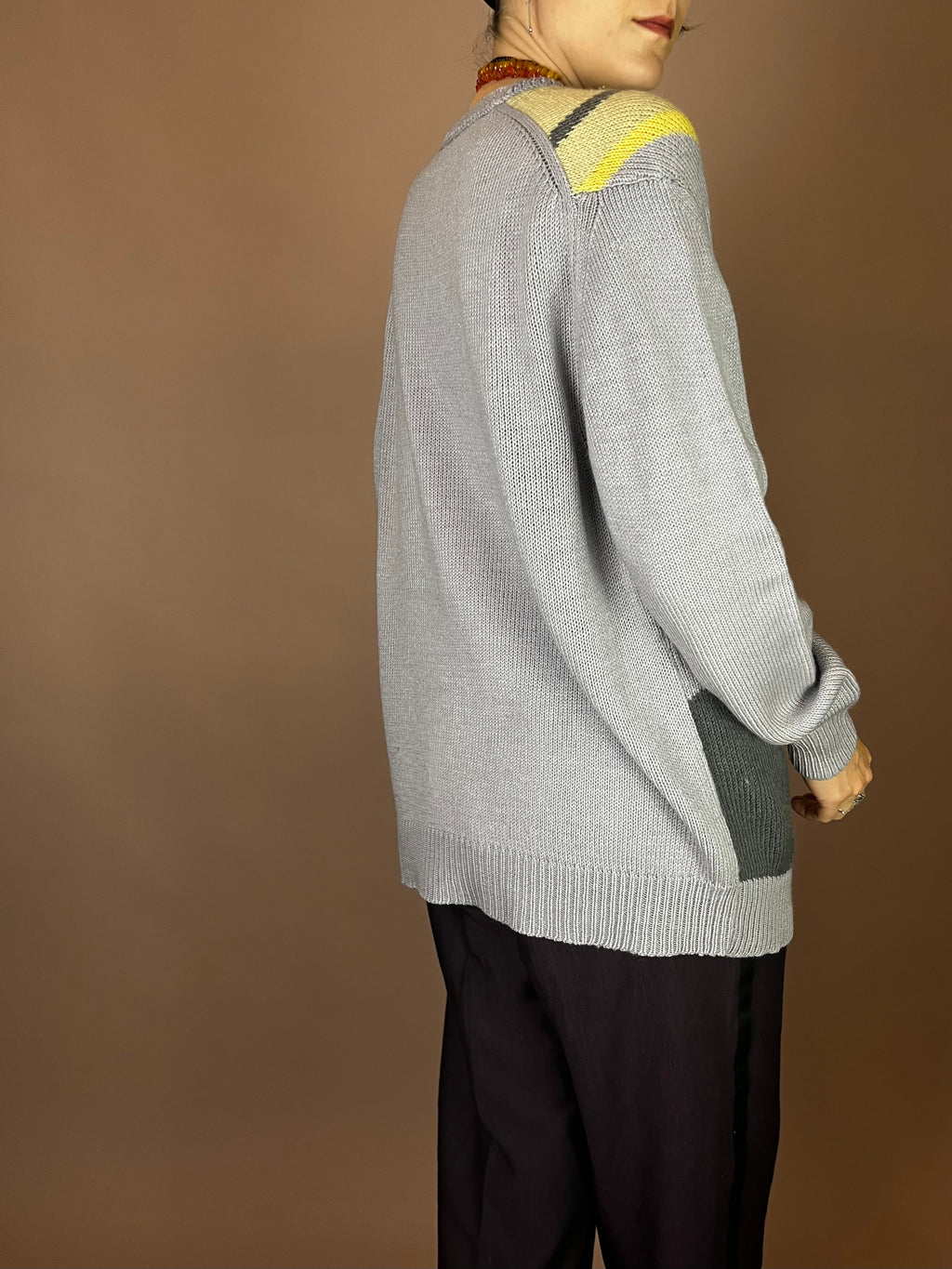 Pullover Grau Gelb Grafisch Gr. S