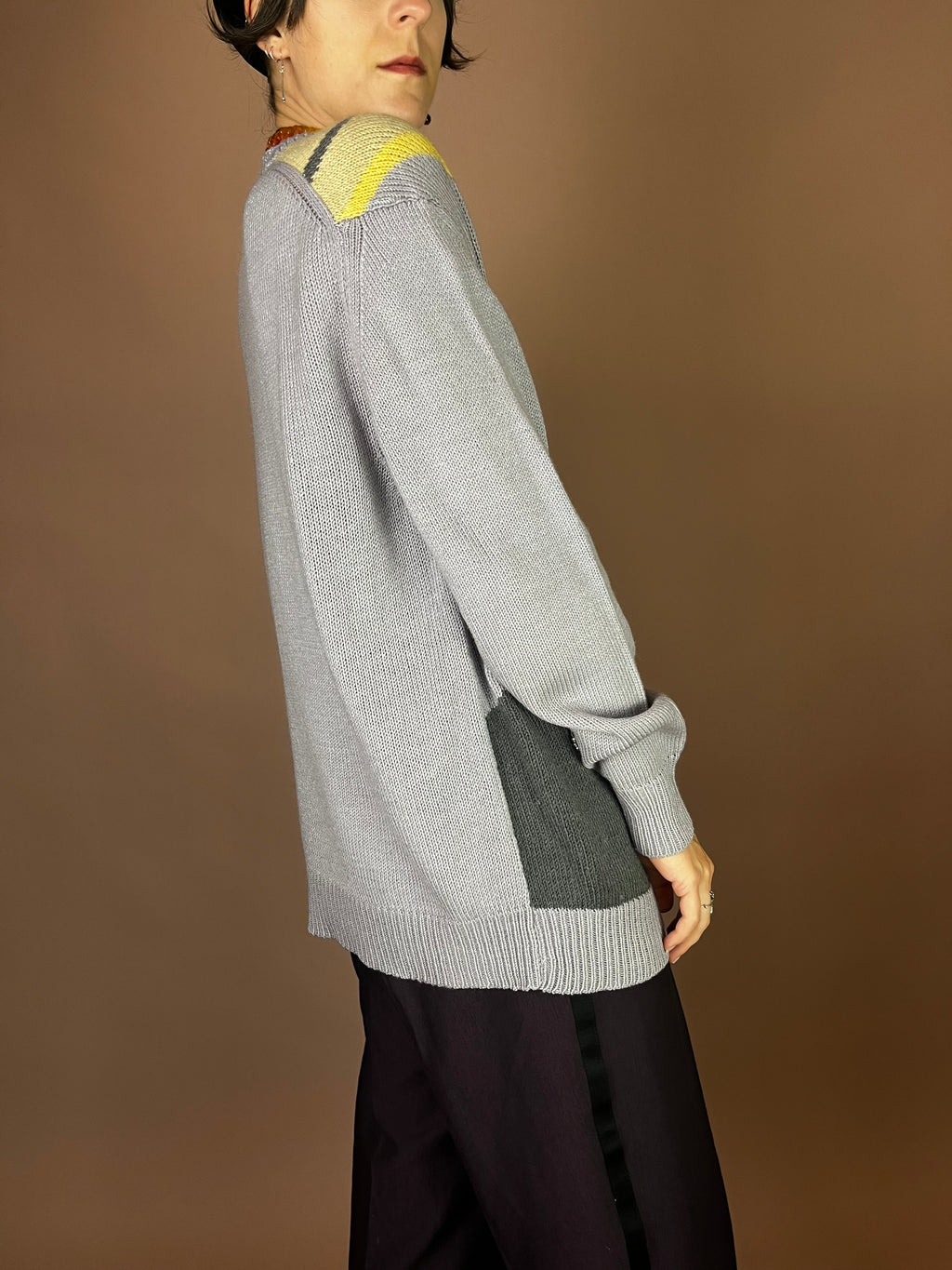 Pullover Grau Gelb Grafisch Gr. S