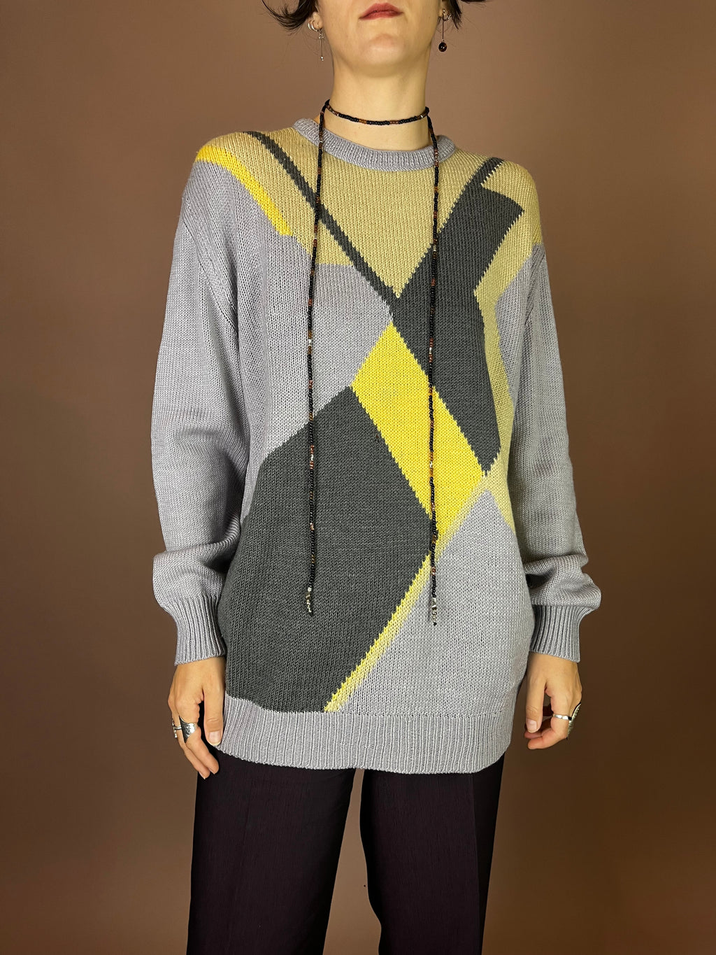 Pullover Grau Gelb Grafisch Gr. S