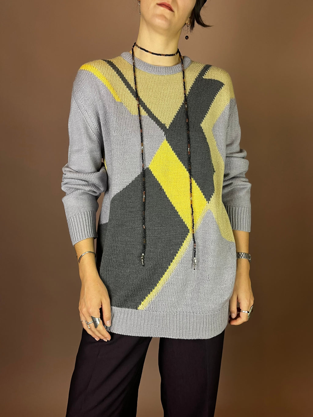 Pullover Grau Gelb Grafisch Gr. S