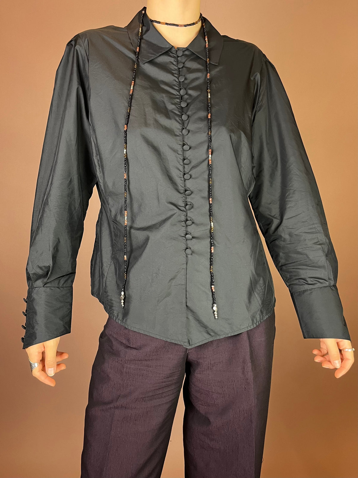 Bluse Schwarz Fliegerstoff Knöpfe Gr. 38