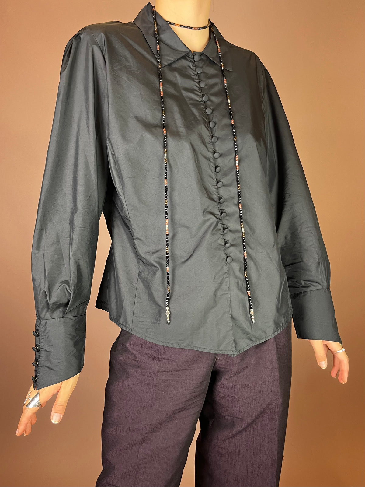 Bluse Schwarz Fliegerstoff Knöpfe Gr. 38