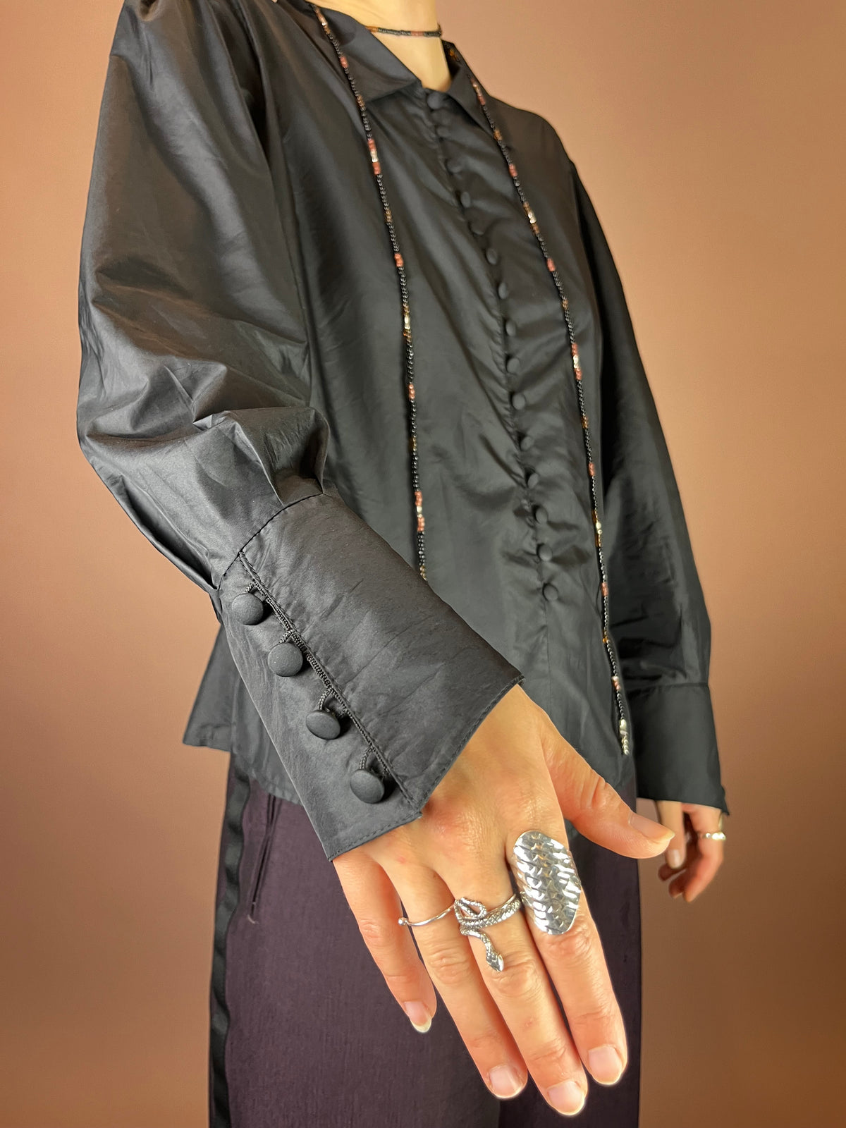 Bluse Schwarz Fliegerstoff Knöpfe Gr. 38