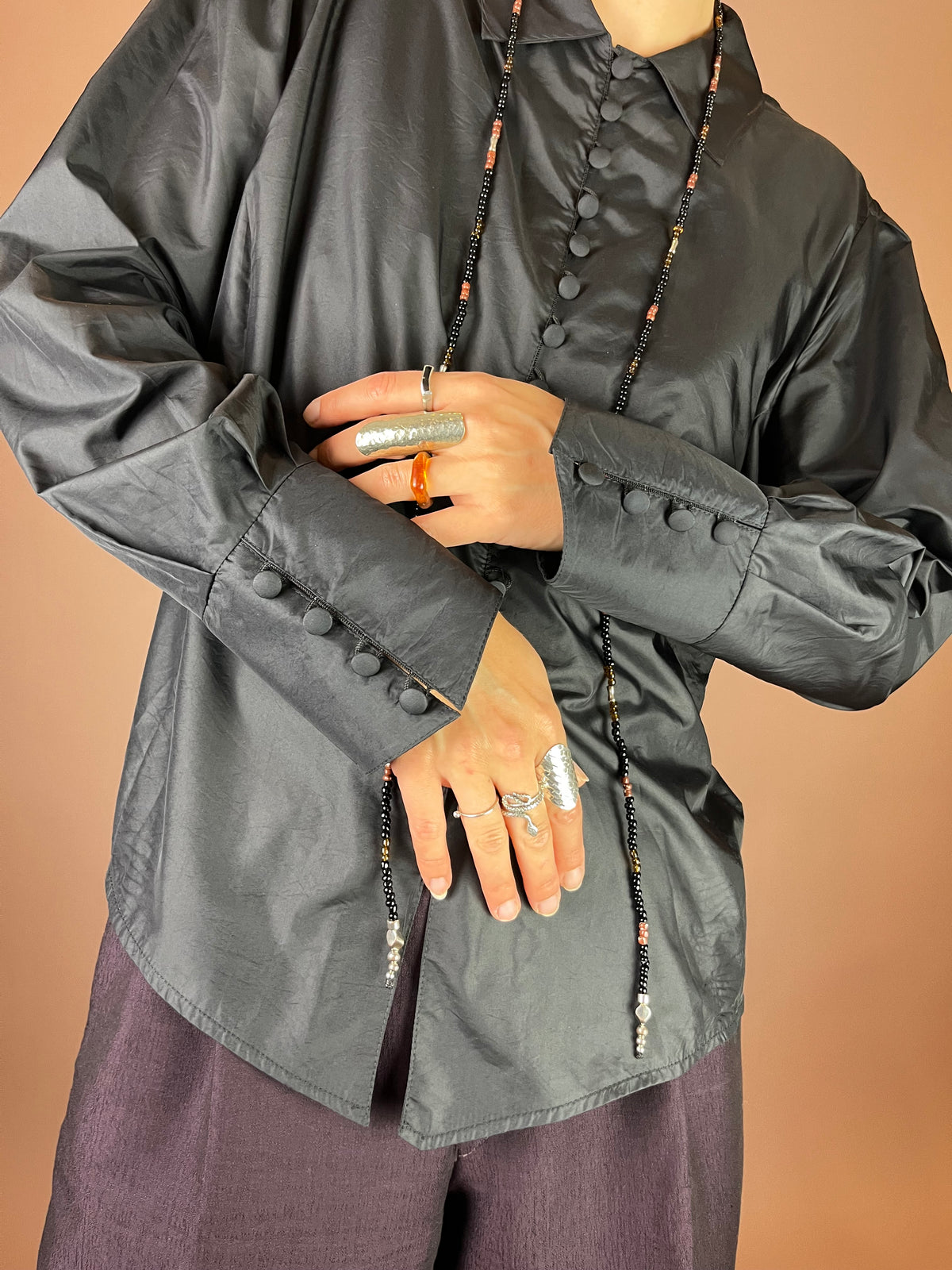Bluse Schwarz Fliegerstoff Knöpfe Gr. 38