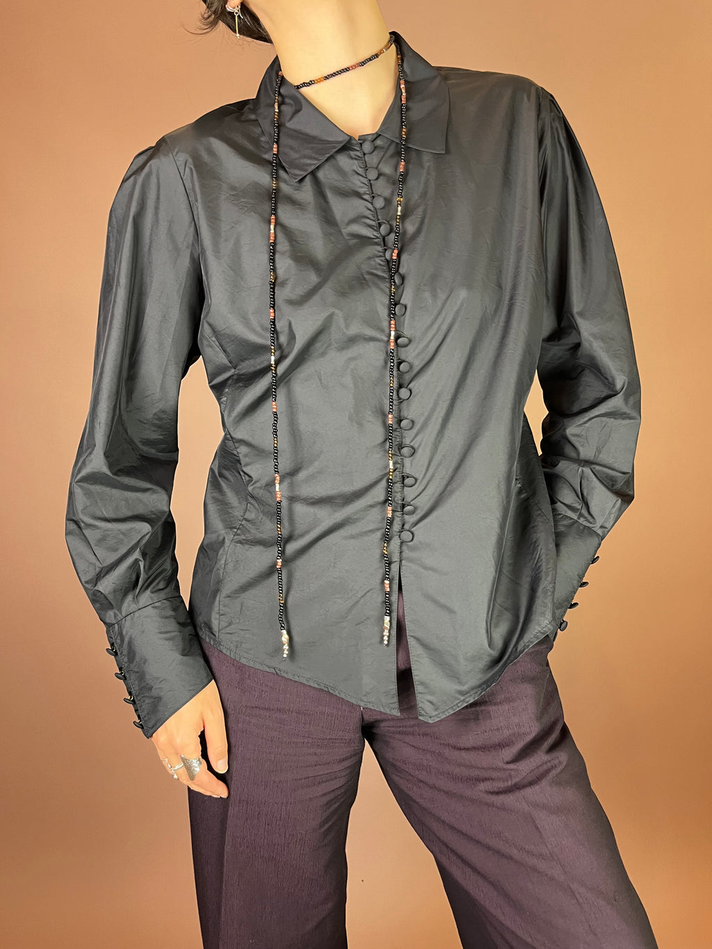 Bluse Schwarz Fliegerstoff Knöpfe Gr. 38