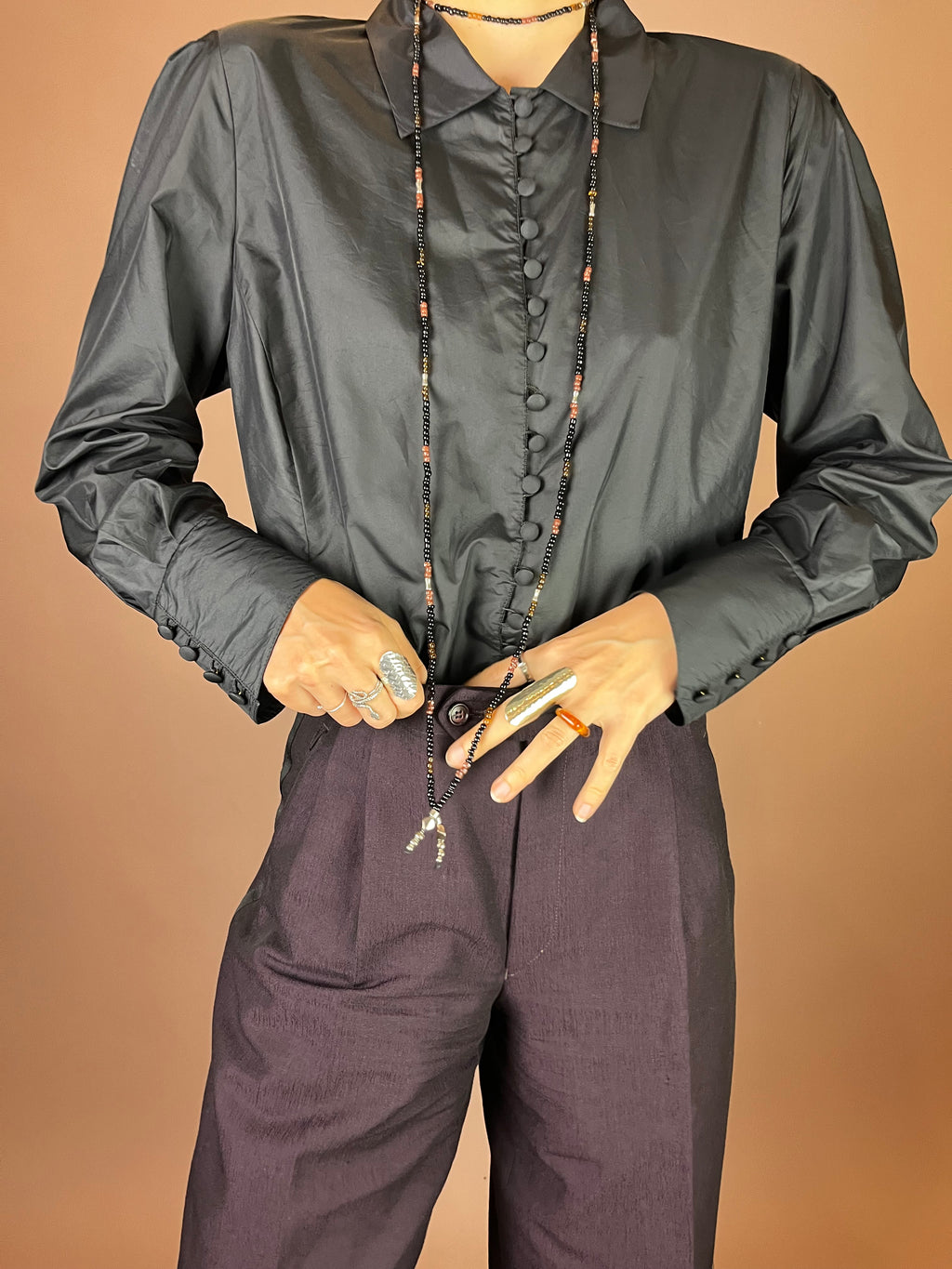 Bluse Schwarz Fliegerstoff Knöpfe Gr. 38