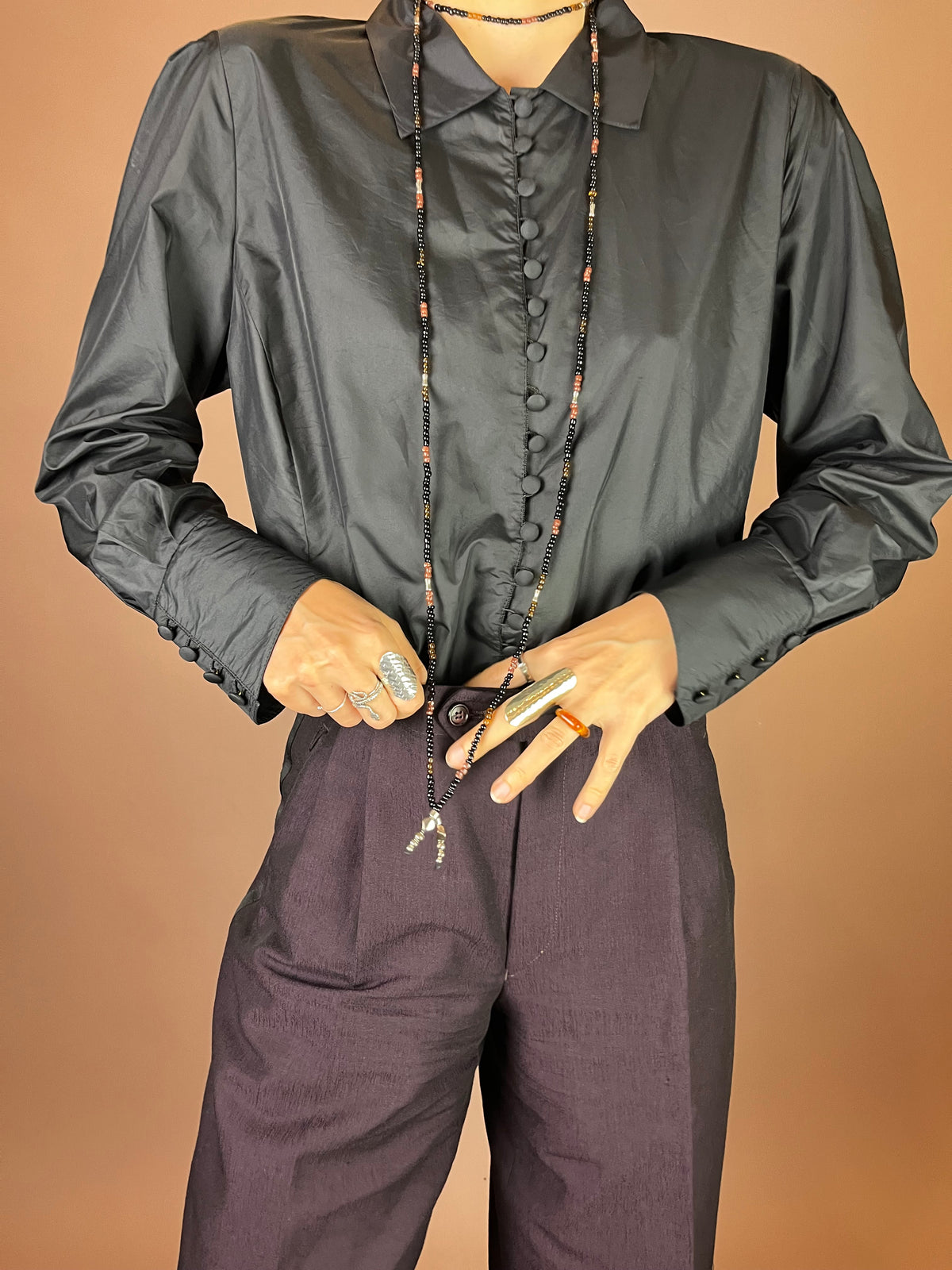 Bluse Schwarz Fliegerstoff Knöpfe Gr. 38
