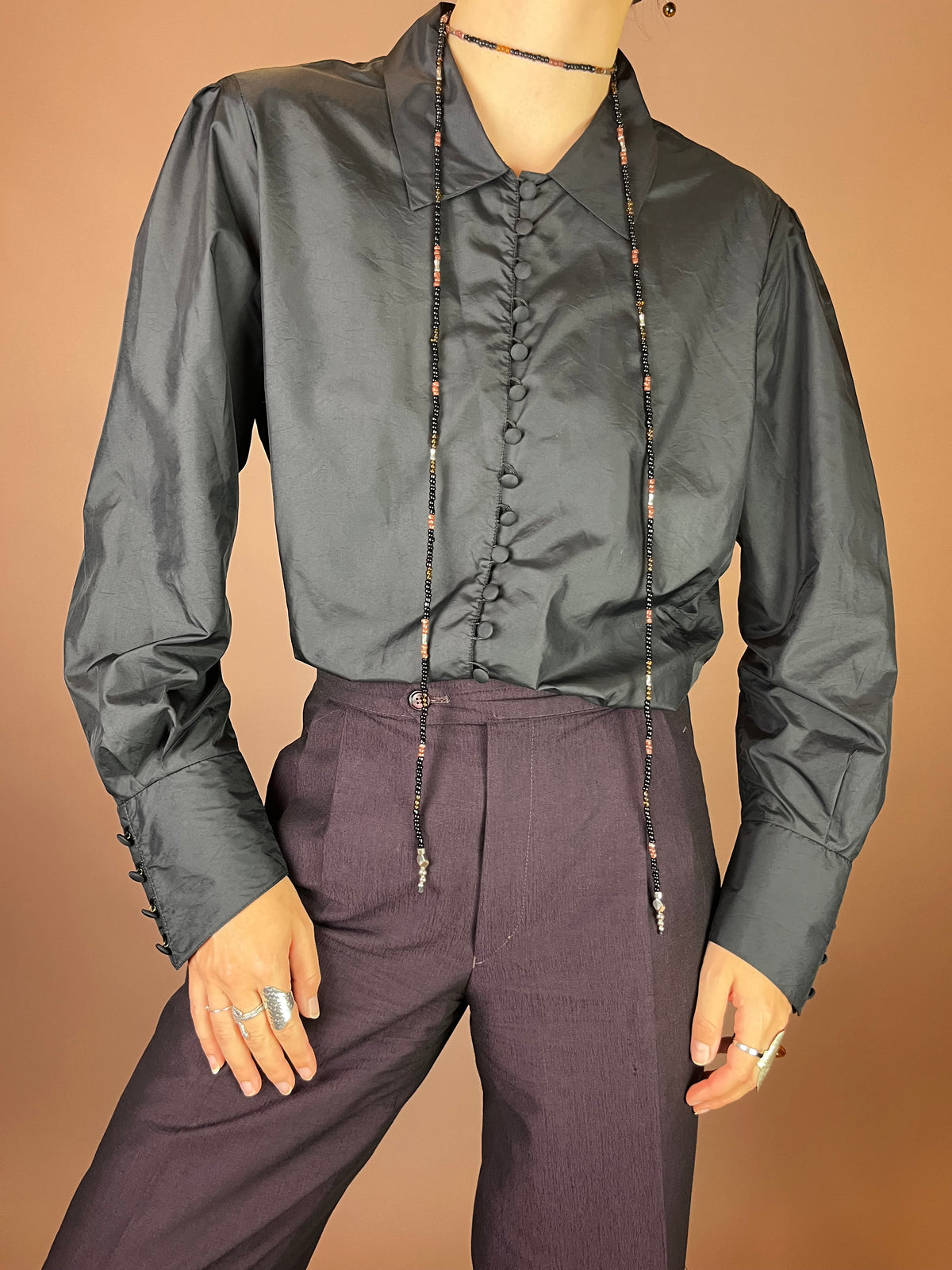 Bluse Schwarz Fliegerstoff Knöpfe Gr. 38