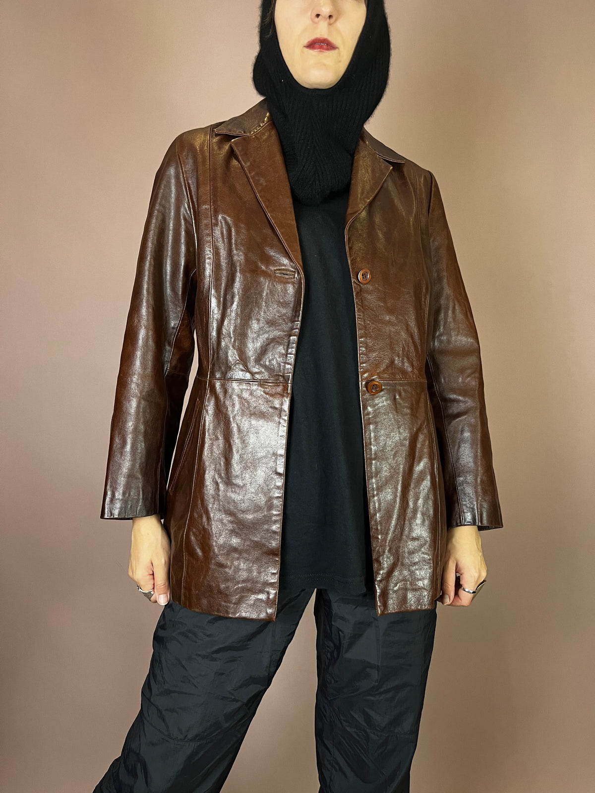 Kurzmantel Leder Dunkelbraun Glossy Gr. 38