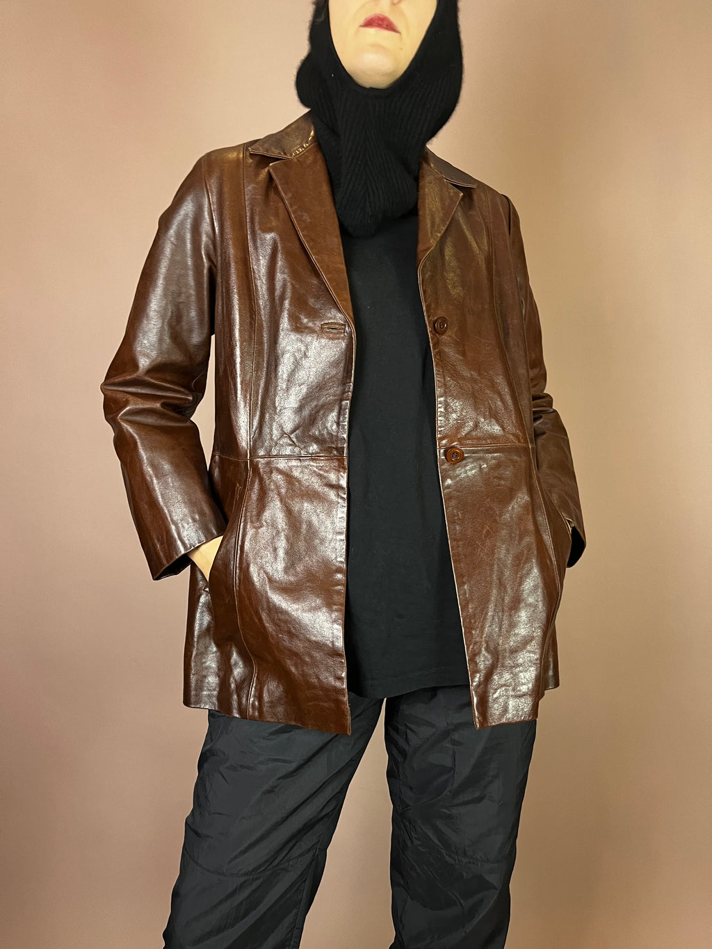 Kurzmantel Leder Dunkelbraun Glossy Gr. 38