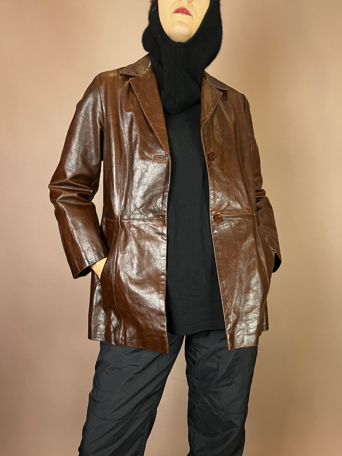 Kurzmantel Leder Dunkelbraun Glossy Gr. 38