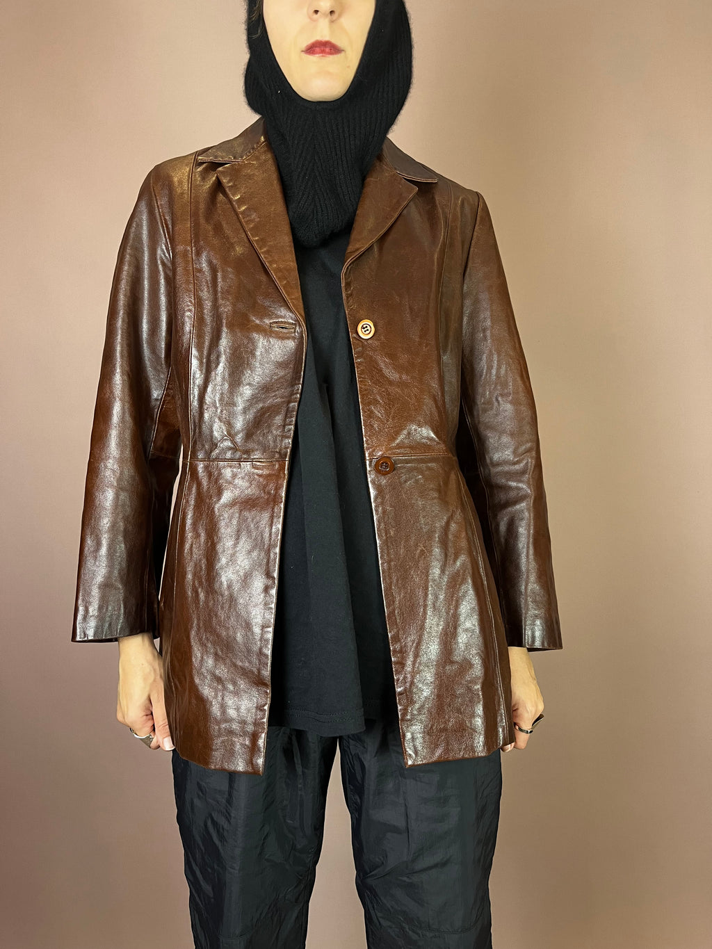Kurzmantel Leder Dunkelbraun Glossy Gr. 38