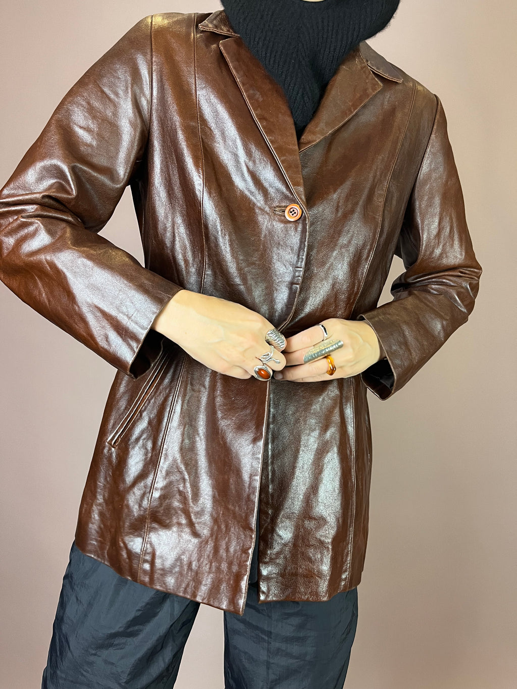Kurzmantel Leder Dunkelbraun Glossy Gr. 38