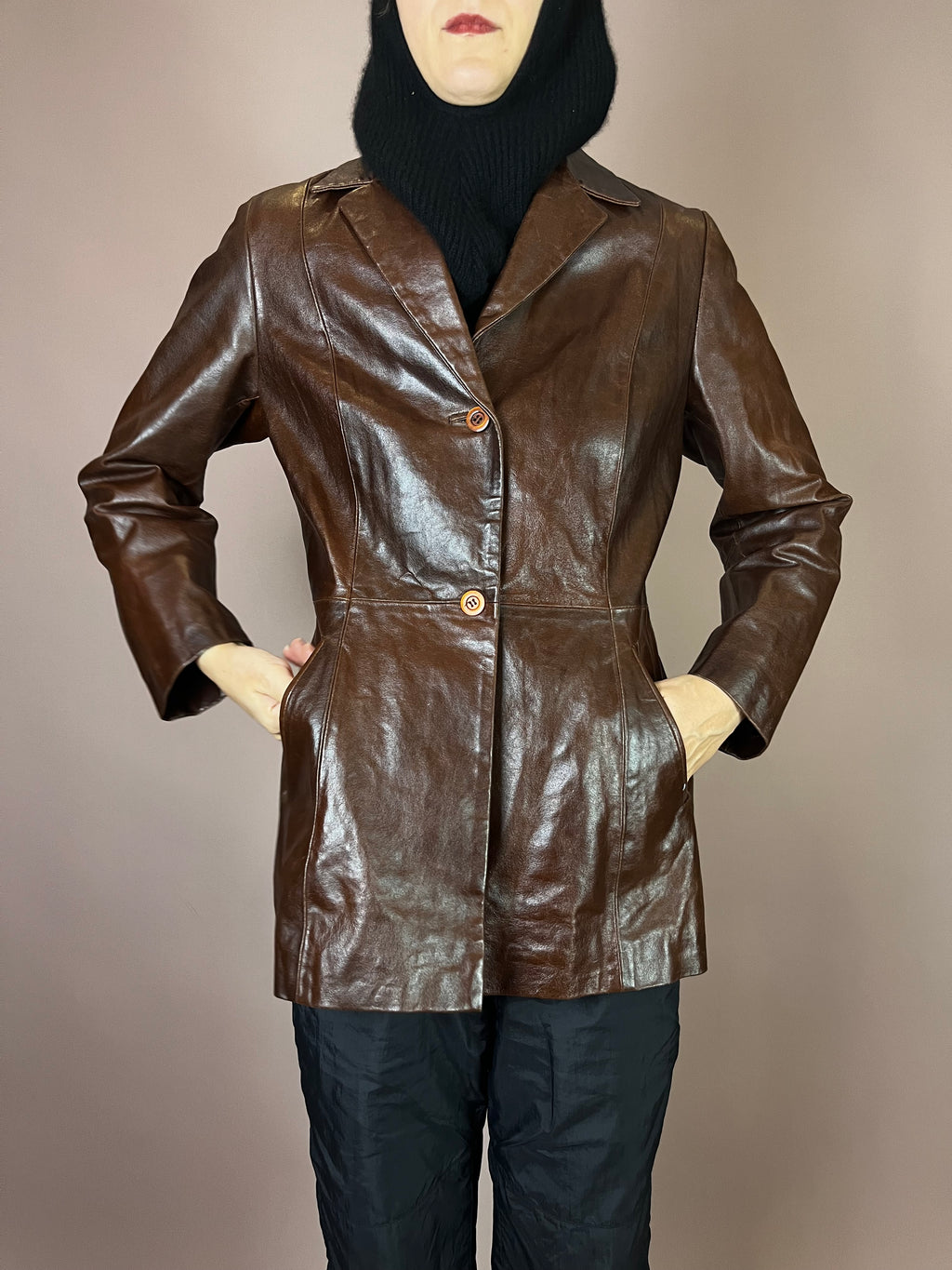 Kurzmantel Leder Dunkelbraun Glossy Gr. 38