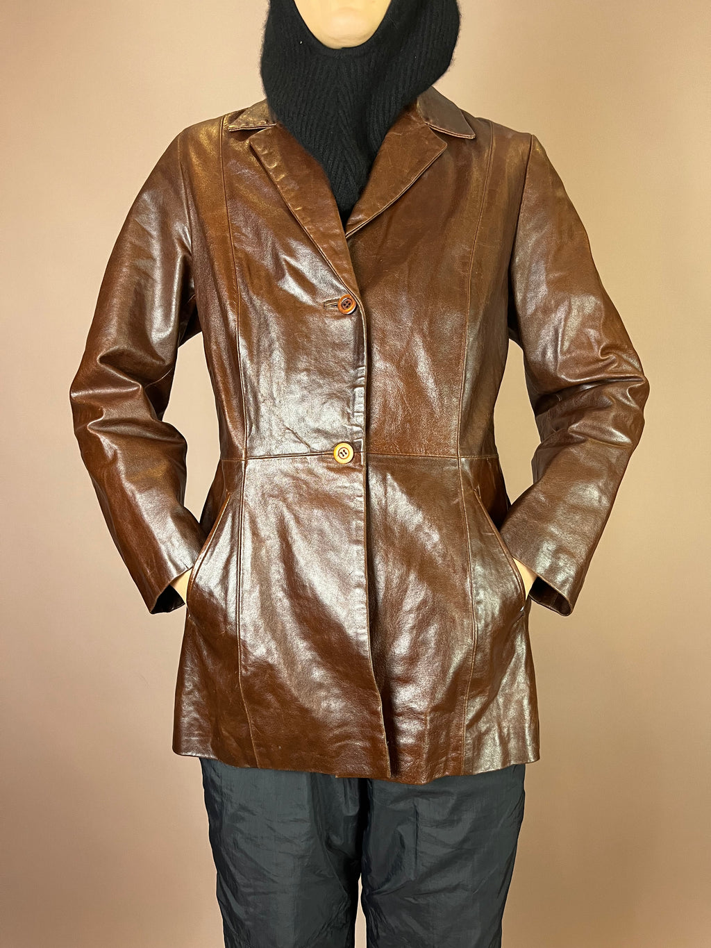 Kurzmantel Leder Dunkelbraun Glossy Gr. 38