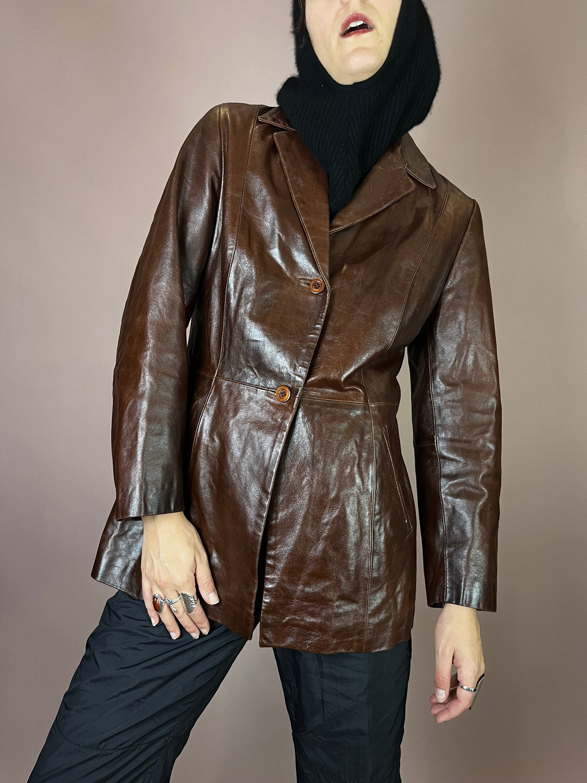Kurzmantel Leder Dunkelbraun Glossy Gr. 38