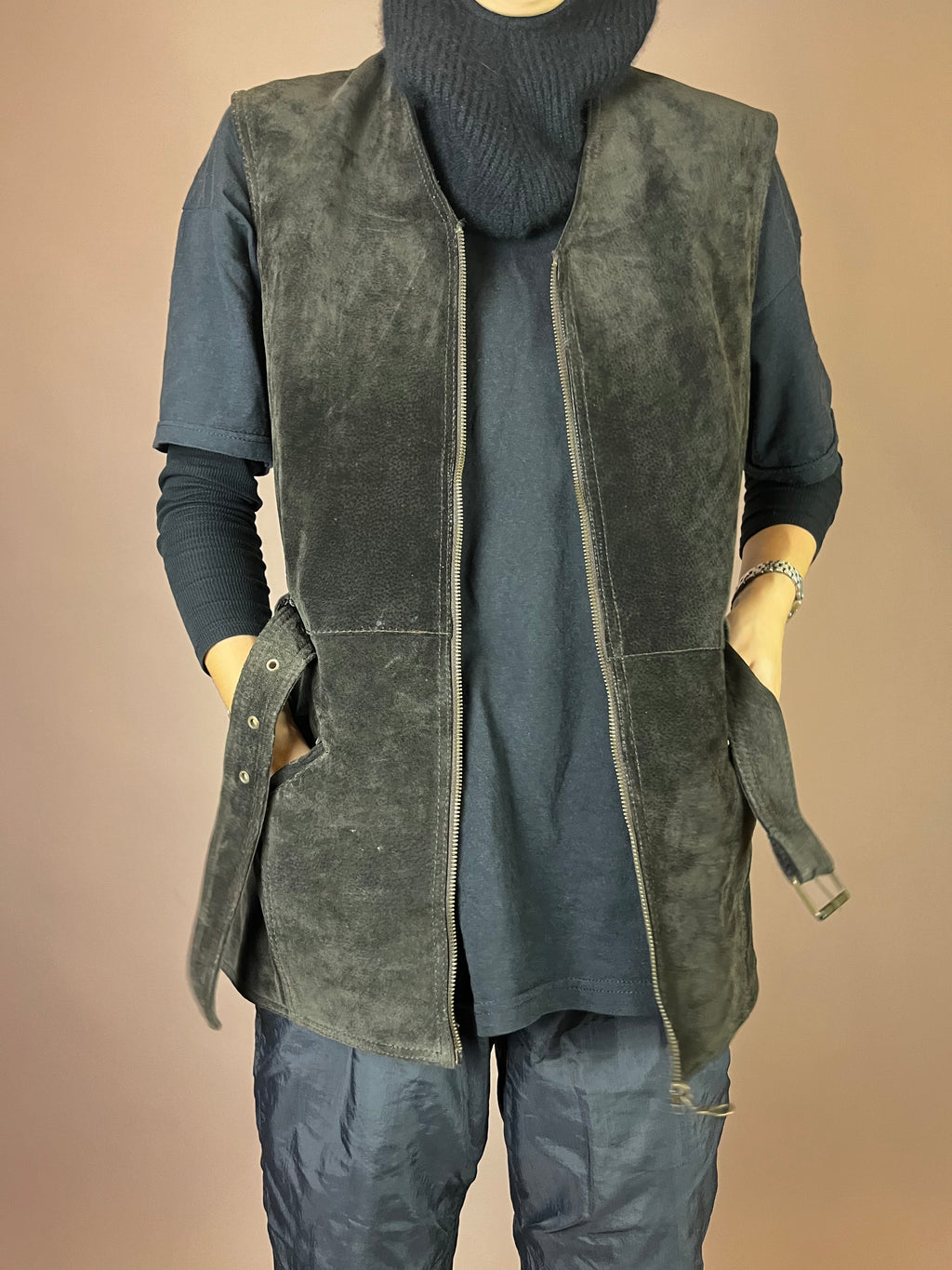 Weste Vintage Wildleder Dunkelbraun Gürtel Gr. 38/40
