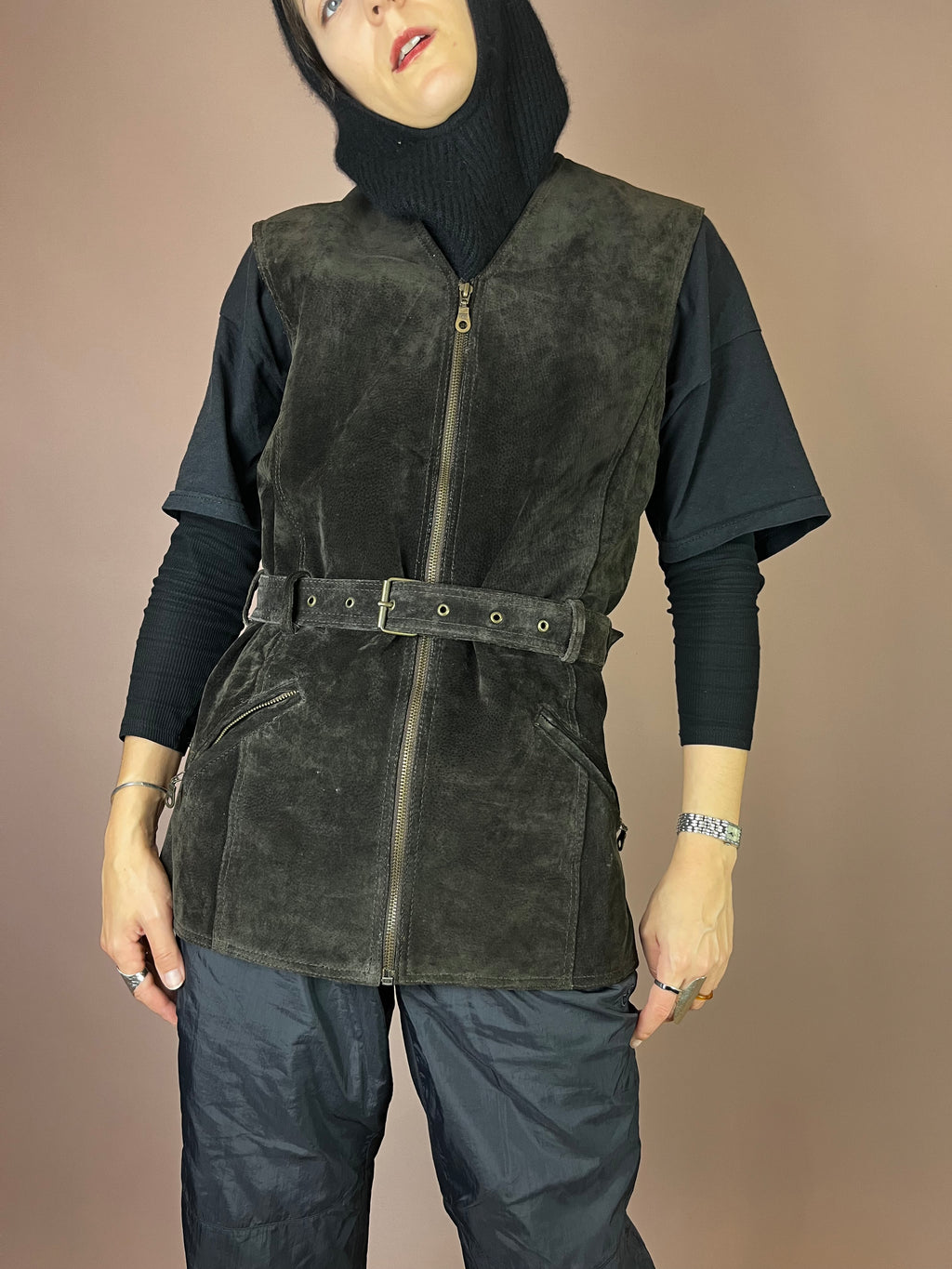 Weste Vintage Wildleder Dunkelbraun Gürtel Gr. 38/40