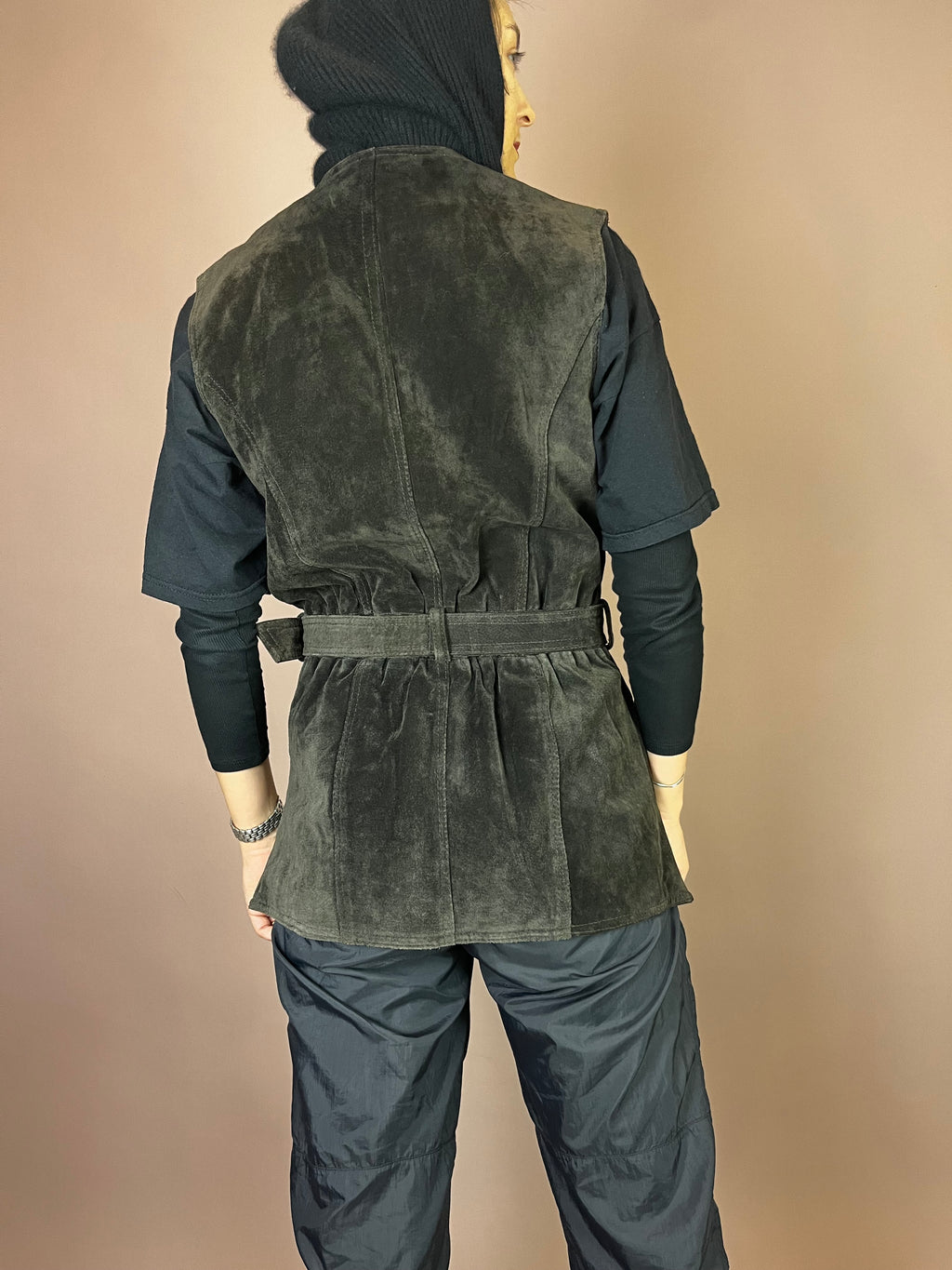 Weste Vintage Wildleder Dunkelbraun Gürtel Gr. 38/40
