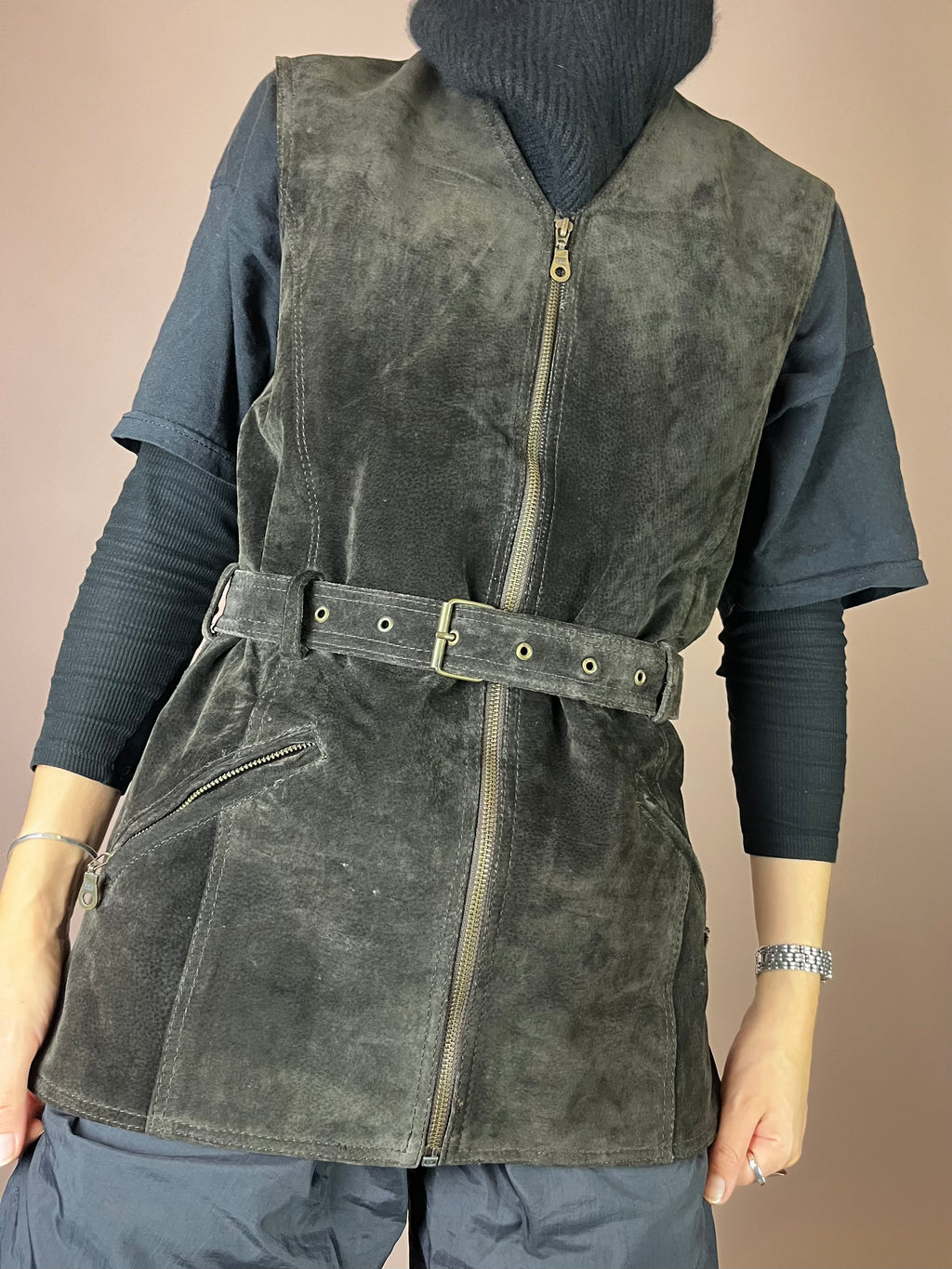 Weste Vintage Wildleder Dunkelbraun Gürtel Gr. 38/40
