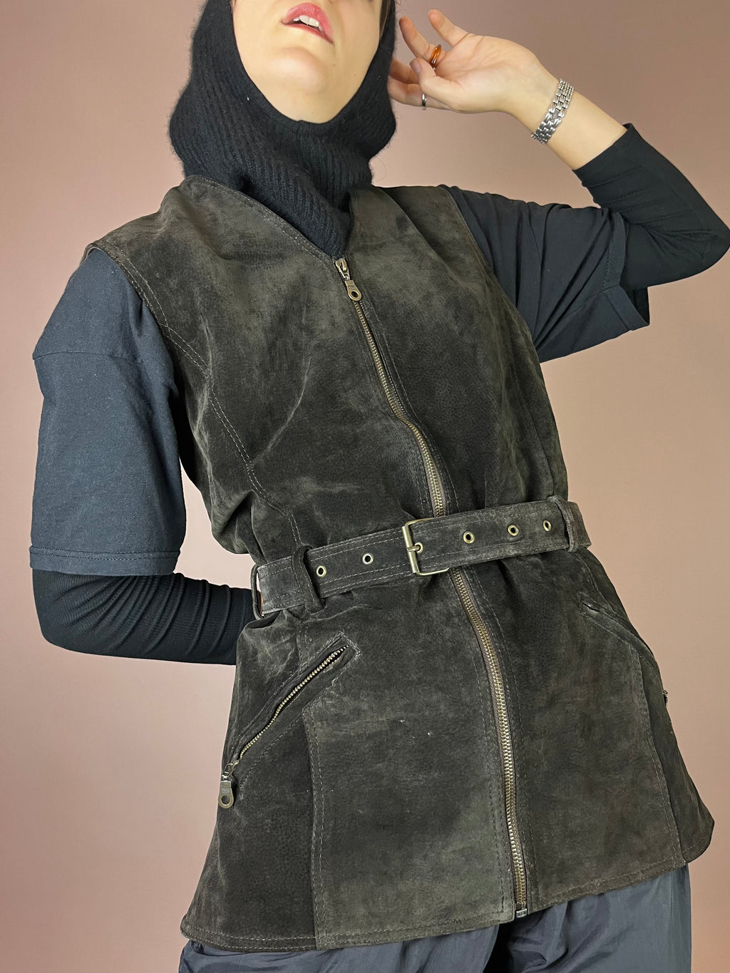 Weste Vintage Wildleder Dunkelbraun Gürtel Gr. 38/40